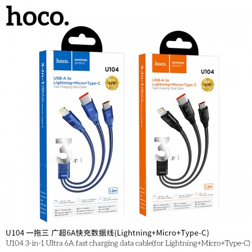 U104 3-in-1 Ultra 6A Fast Charging Data Cable for Lightning, Micro & Type-C